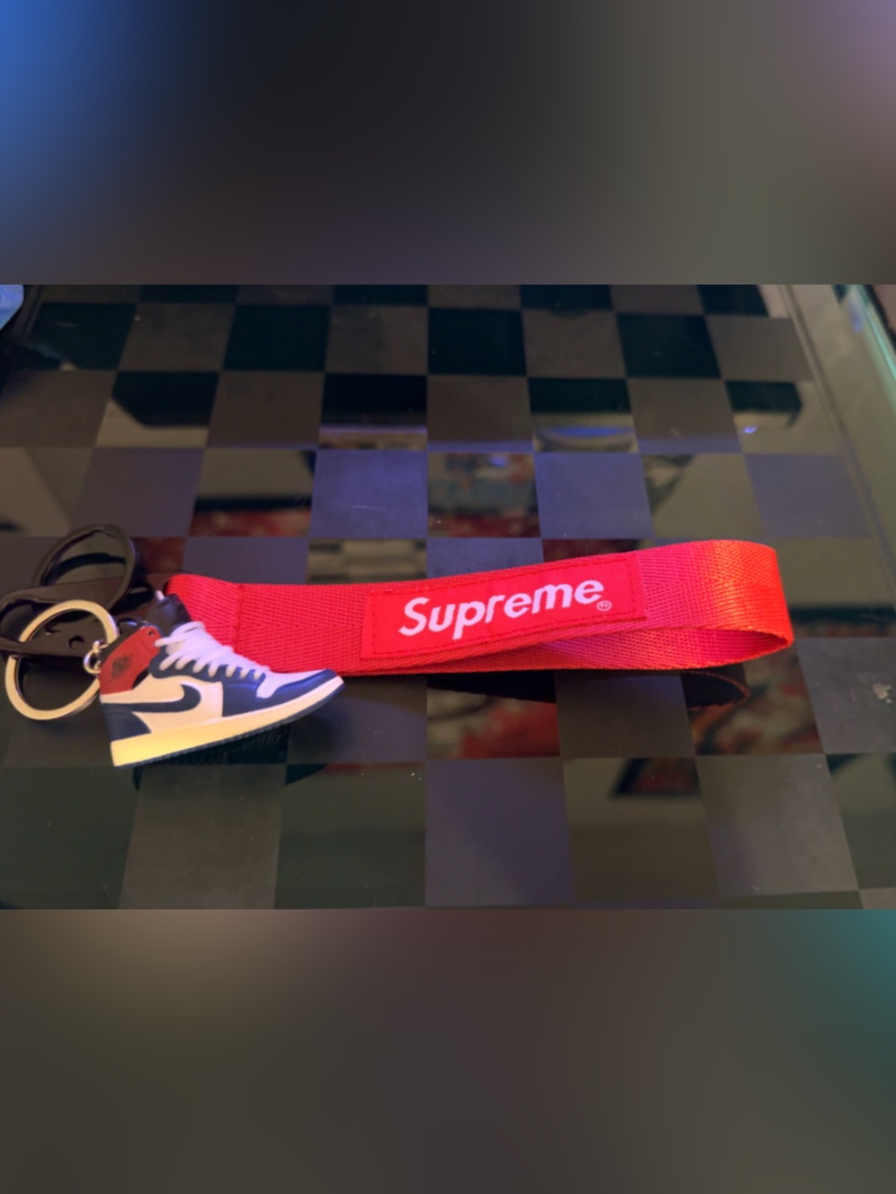 Supreme Red Logo Keychain with Mini Nike Sneaker Charm